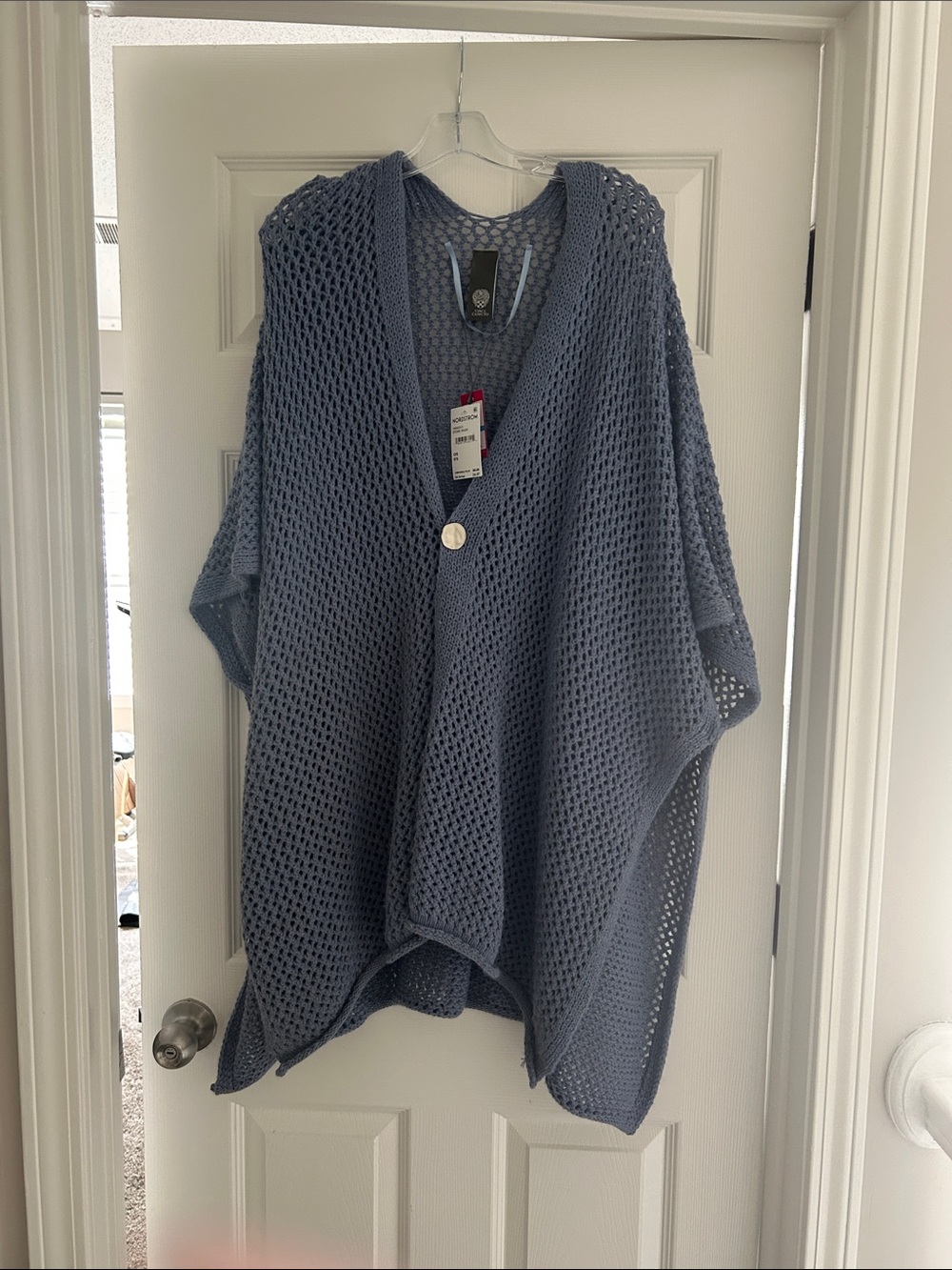 Vince Camaro Women's Blue Open-Knit Button Poncho Sweater O/S